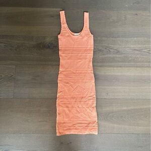 Torn by Ronny Tobo peach crochet contour dress